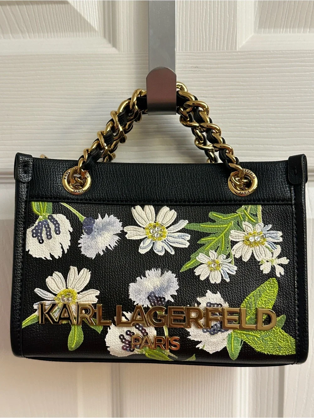 Karl Lagerfeld Black Floral Embroidered Satchel with Gold Chain